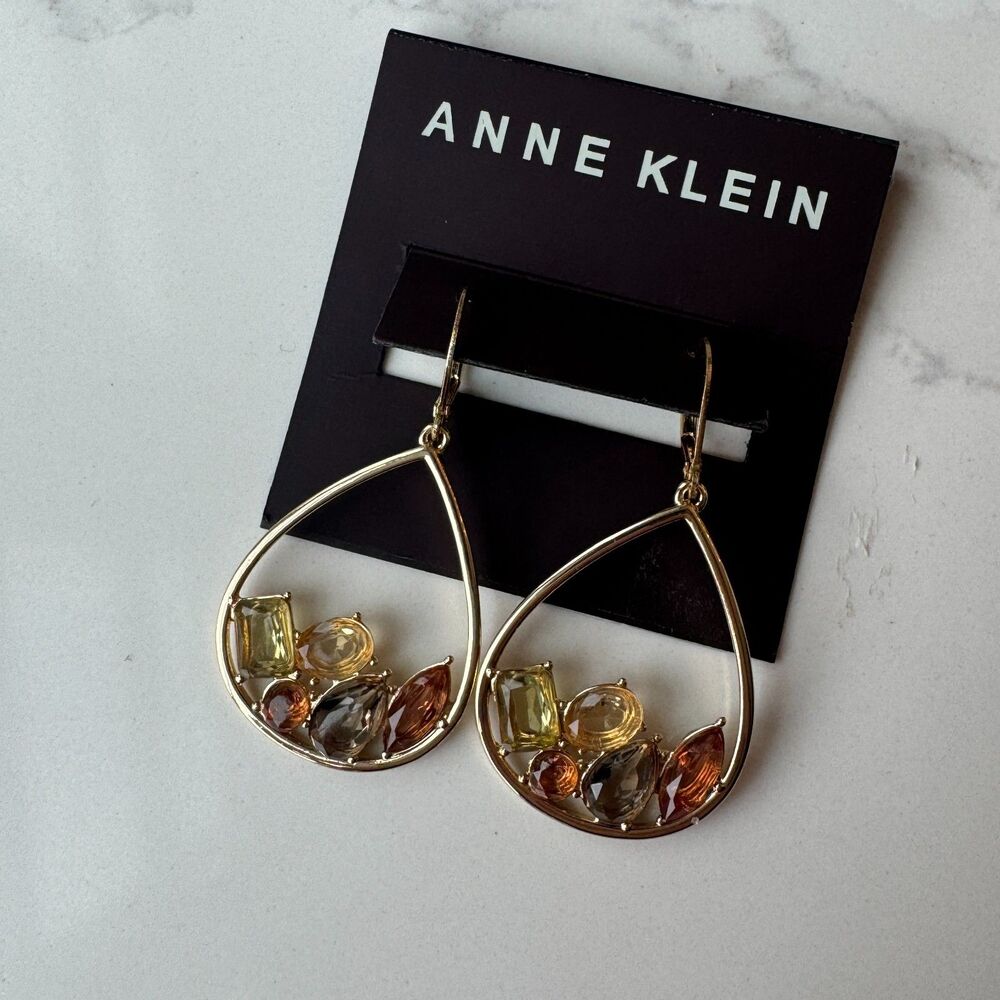 2 Anne Klein Gold-Tone Dangle Earrings – Teardrop Gem Cluster & Lavender Glass - Picture 4 of 14